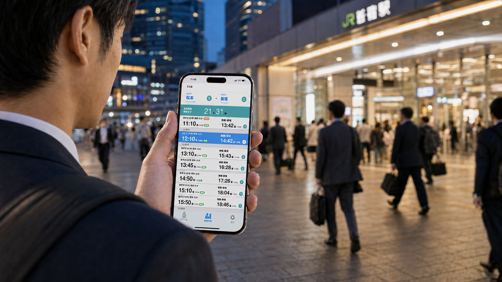 駅前で特急あずさ・かいじ時刻表を利用するイメージ