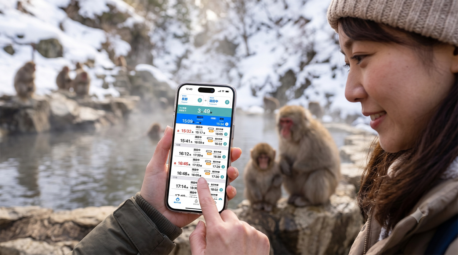 Checking the app on the way to Snow Monkey Park