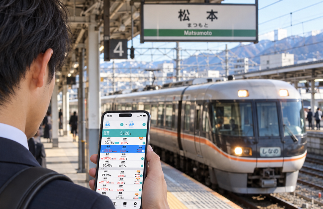 松本駅で篠ノ井線時刻表の発車カウントダウンを確認する様子